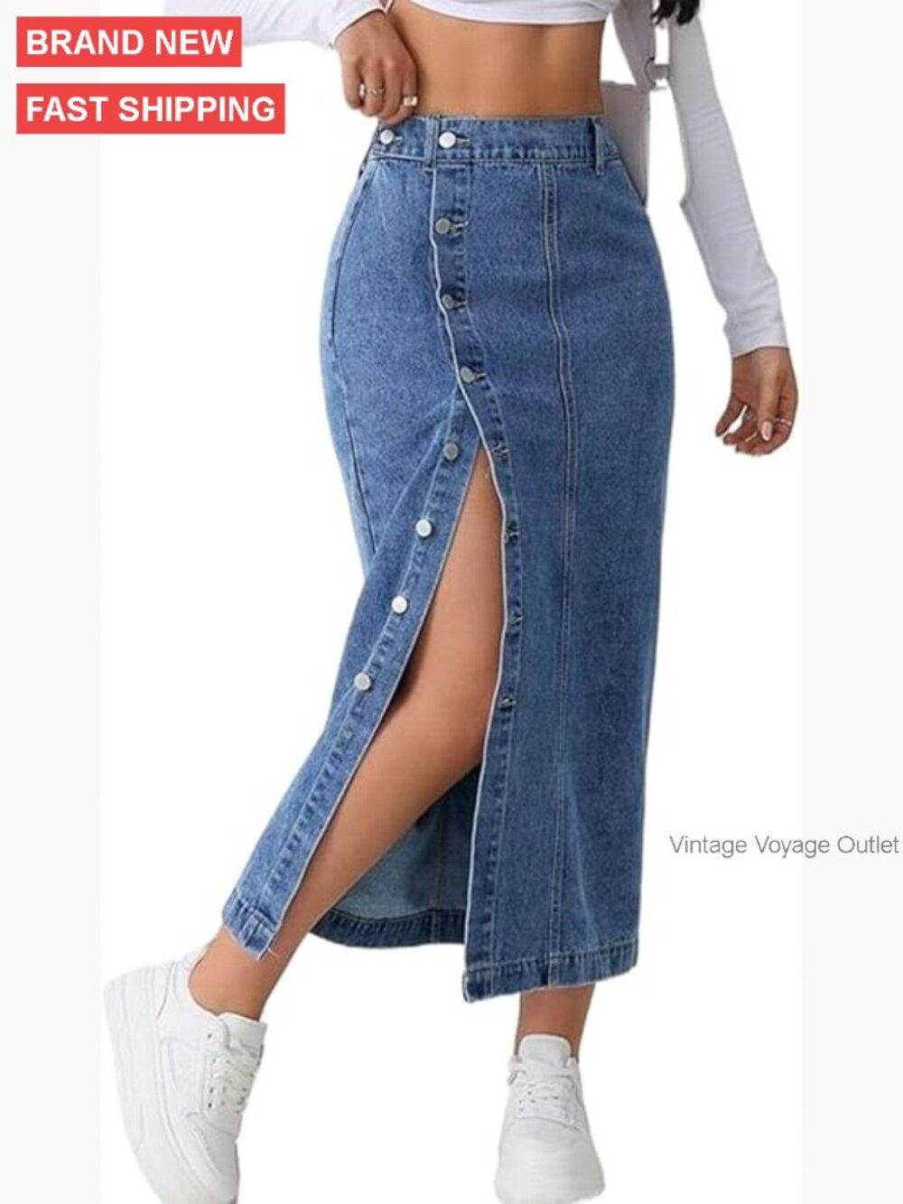 Stretch Denim Midi Skirt High Waisted Button Front Slit Casual